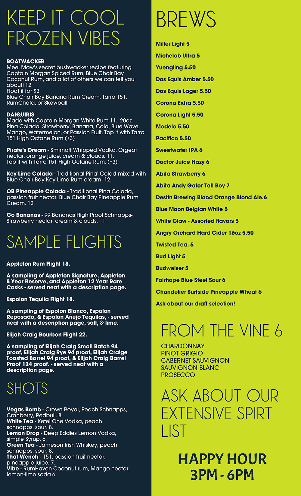 Yoho Bar Menu